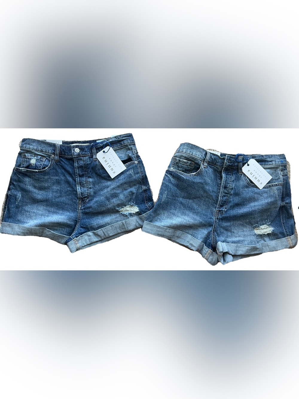 eunina Distressed Rolled-Hem Denim Shorts in Blue